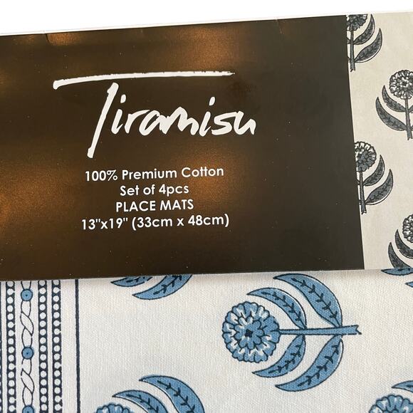 TIRAMISU Spring Summer Blue Floral 100% Cotton 13X19 Placemats Set of 4 NEW - Picture 3 of 5